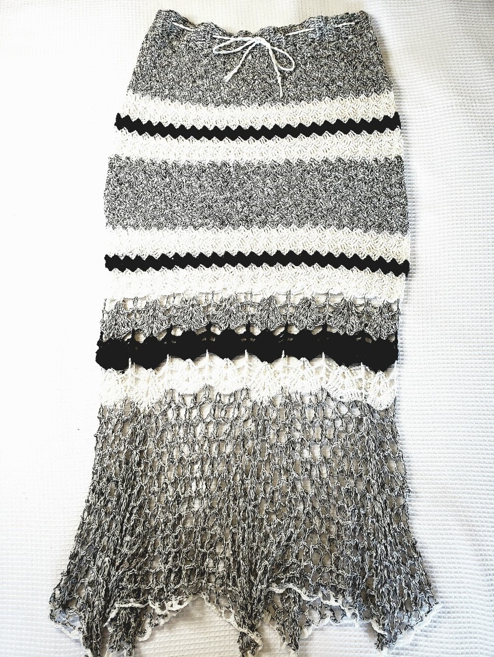 Handmade Women's Black/Off-White Crochet Long Knit Skirt Dressy Casual Cover-Up